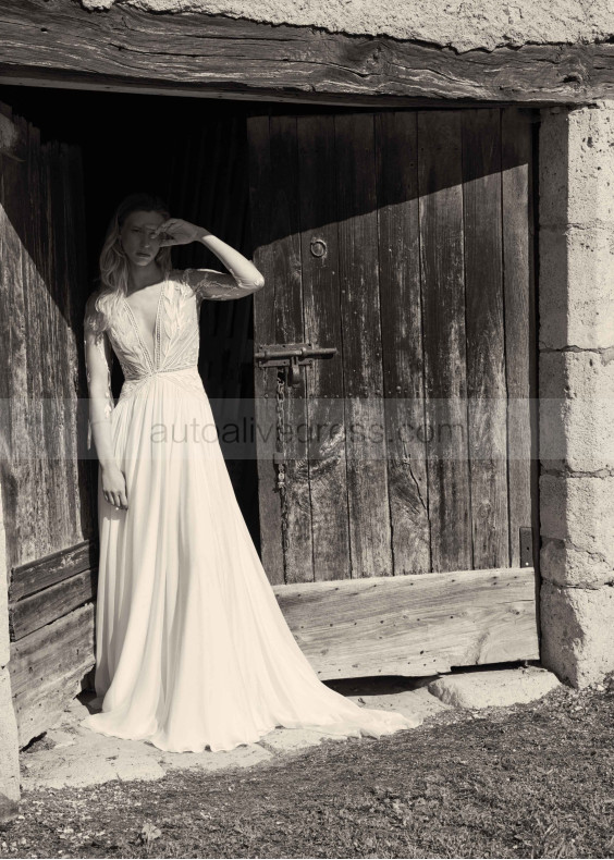 V Neck Ivory Lace Chiffon Flowing Wedding Dress V Neck Ivory Lace Chiffon Flowing Wedding Dress